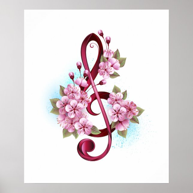 Poster Notas de clave de trecho musical com flores de Sak (Frente)