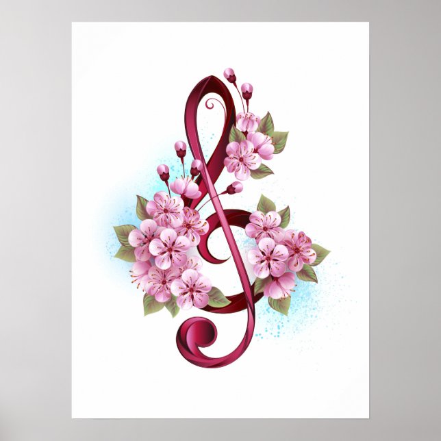 Poster Notas de clave de trecho musical com flores de Sak (Frente)