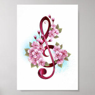 Poster Notas de clave de trecho musical com flores de Sak