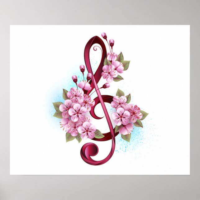 Poster Notas de clave de trecho musical com flores de Sak (Frente)