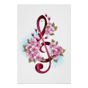 Póster Notas de clave de trecho musical com flores de Sak