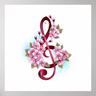 Poster Notas de clave de trecho musical com flores de Sak