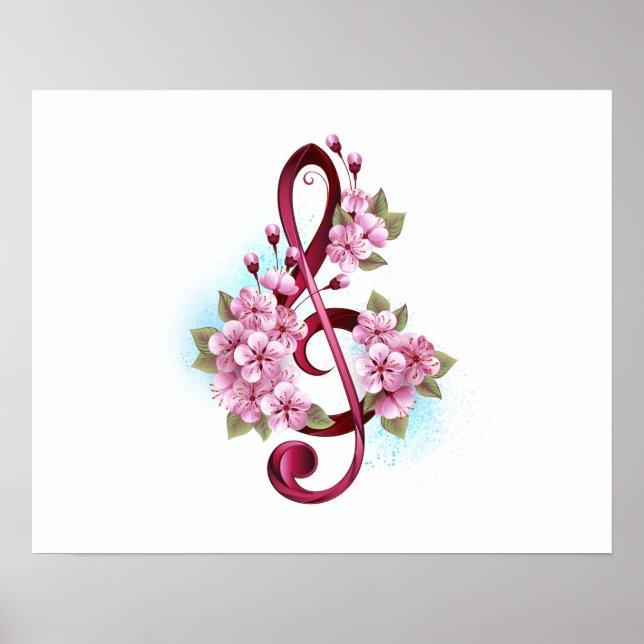 Poster Notas de clave de trecho musical com flores de Sak (Frente)