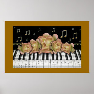 Poster Notas e Rosas do teclado do Piano do ouro