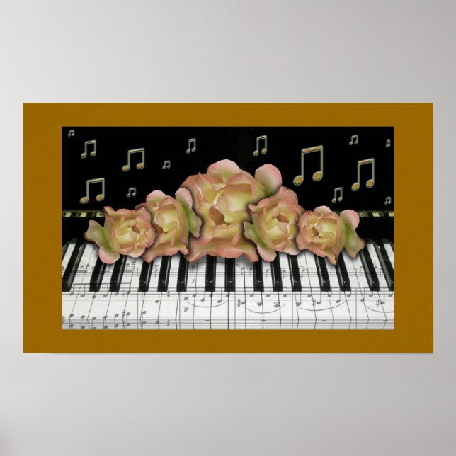 Poster Notas e Rosas do teclado do Piano do ouro (Frente)