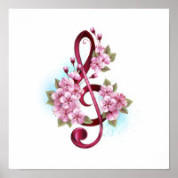 Notas musicais em clave de sol com flores de Sakur
