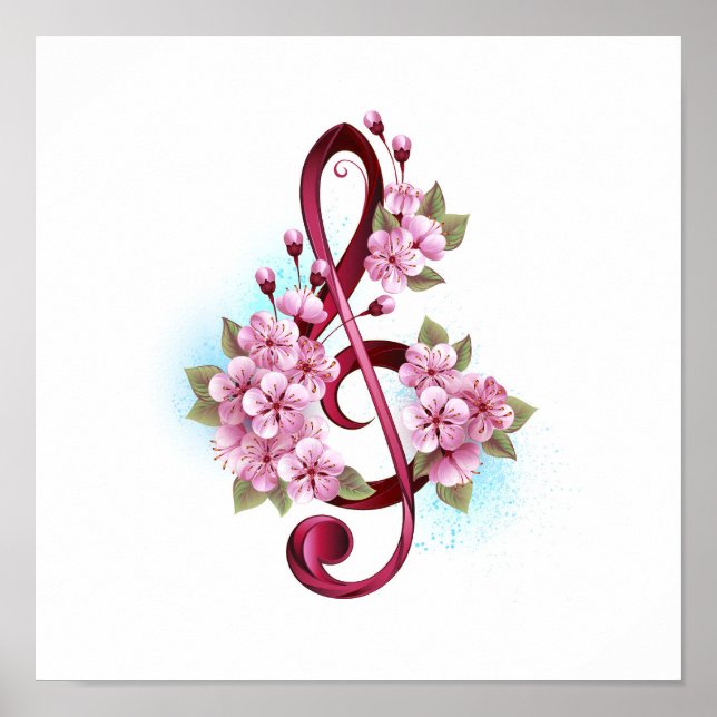 Poster Notas musicais em clave de sol com flores de Sakur (Frente)