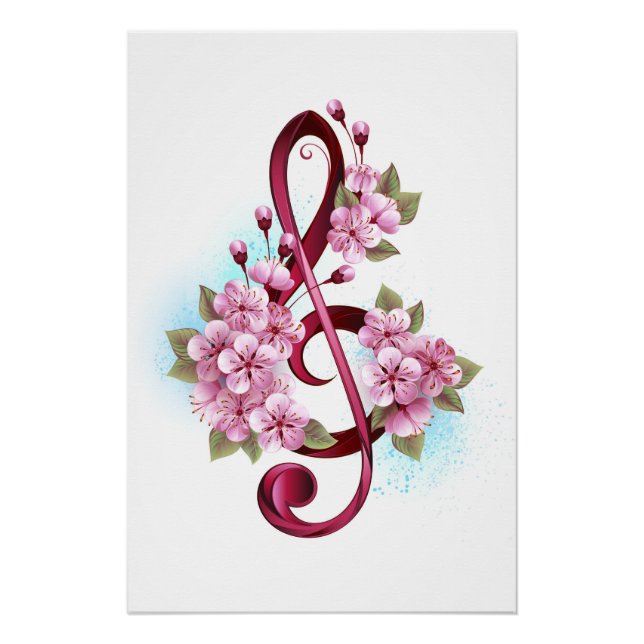 Póster Notas musicais em clave de sol com flores de Sakur (Frente)