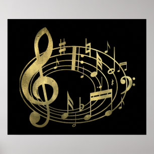 Poster Notas musicais em ouro em forma oval