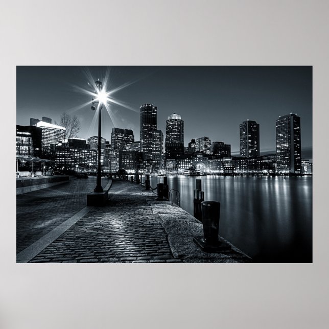 Poster Noturna B&W de Boston Harbor (Frente)