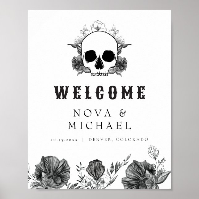 Poster NOVA Gothic Floral Skull Til Morte Casamento Bem-v (Frente)