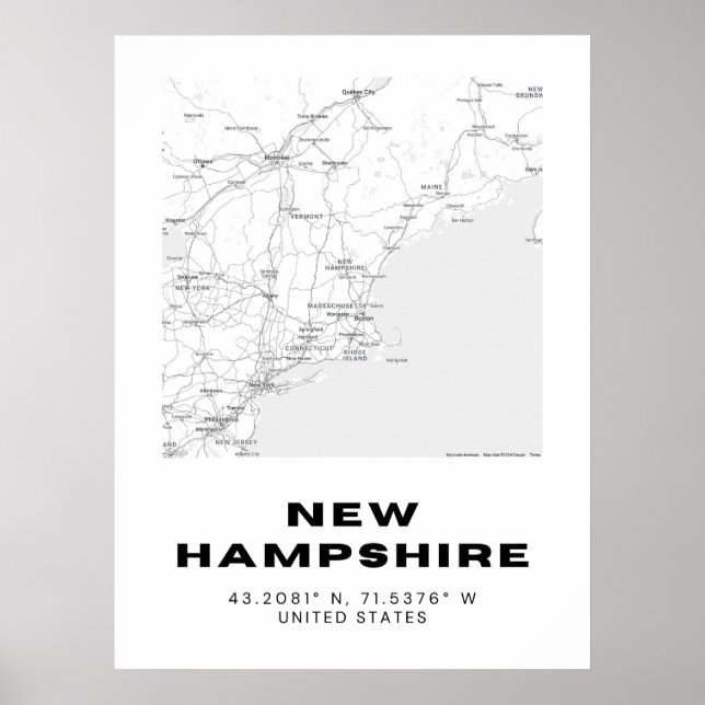 Poster Nova Hampshire Map Art - Preto e Branco (Frente)