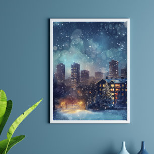 Póster Nova Iorque ilustrativa na noite de neve