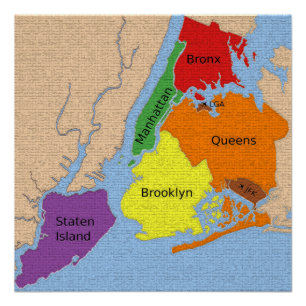 Póster Nova Iorque Map Boroughs Labels brilhante Poster