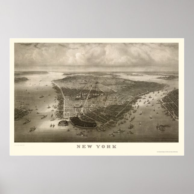 Poster Nova Iorque, Mapa Panorâmico NY - 1851 (Frente)