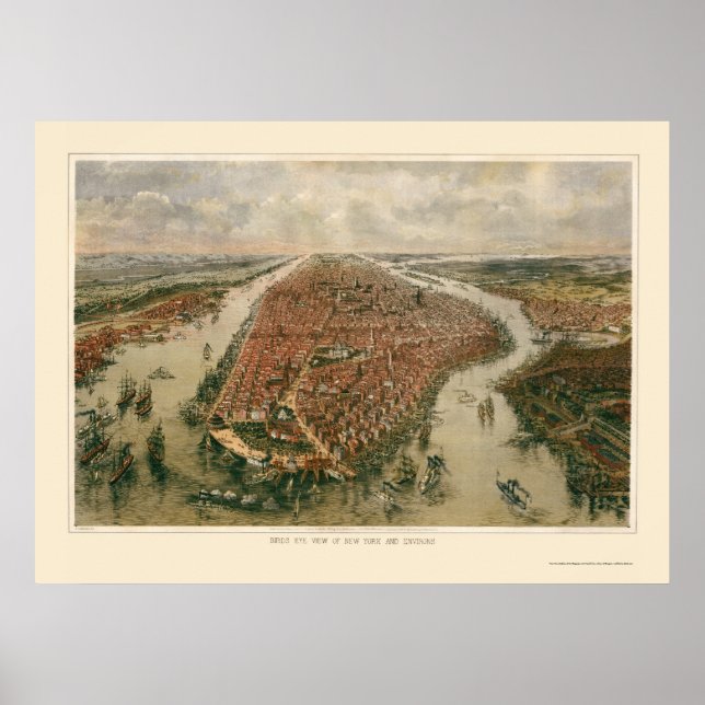 Póster Nova Iorque, Mapa Panorâmico NY - 1865 (Frente)