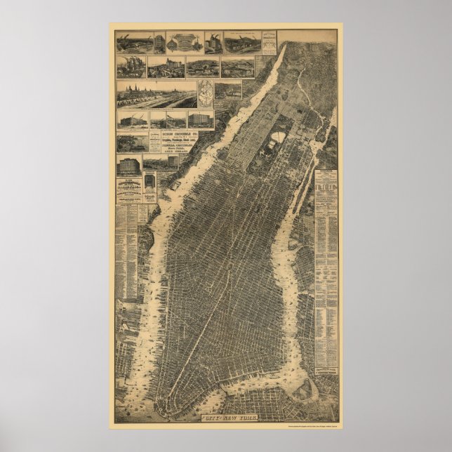 Póster Nova Iorque, Mapa Panorâmico NY - 1879 (Frente)