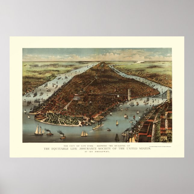 Poster Nova Iorque, Mapa Panorâmico NY - 1883 (Frente)