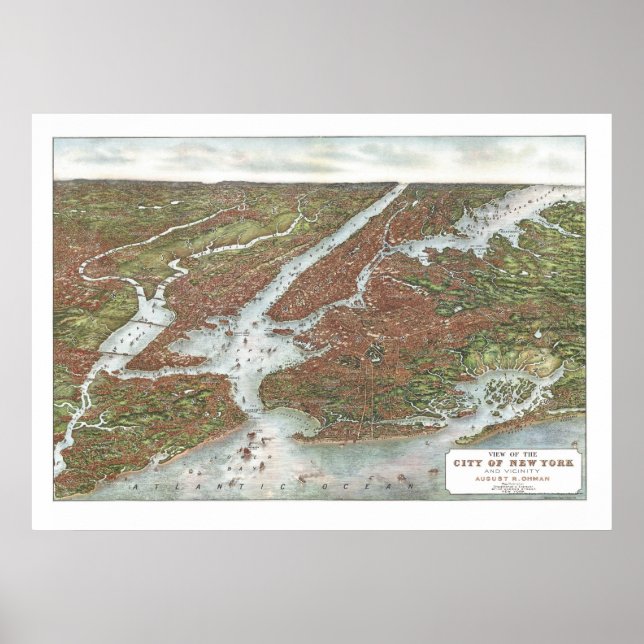 Póster Nova Iorque, Mapa Panorâmico NY - 1907 (Frente)