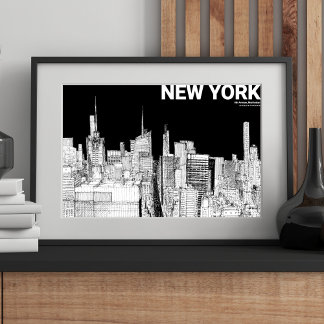 Poster Nova Iorque Skyline Sketch Black White Mate