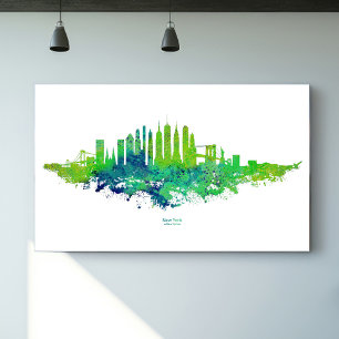 Poster Nova Iorque Skyline Watercolor em azul e limão