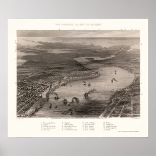 Póster Nova Orleães, mapa panorâmico do LA - 1863