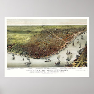 Poster Nova Orleães, mapa panorâmico do LA - 1885