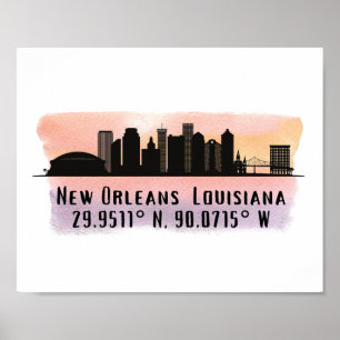 Poster Nova Orleans City Skyline Latitude e Longitude