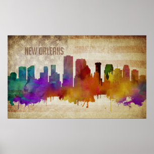 Poster Nova Orleans, LA Linha Skyline Cidade de Cores