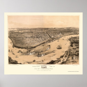 Poster Nova Orleans, Mapa Panorâmico LA - 1851