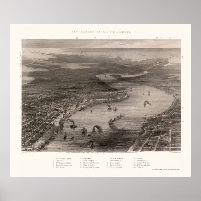 Póster Nova Orleans, Mapa Panorâmico LA - 1863 (Frente)