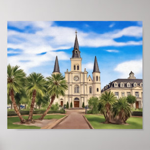Poster Nova Orleans Rua Louis Catedral Watercolor