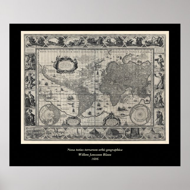 Póster Nova Tótius terrarum, Mapa Mundial Antiquado 1606 (Frente)