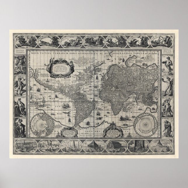 Póster Nova Tótius terrarum, Mapa Mundial Antiquado 1606 (Frente)