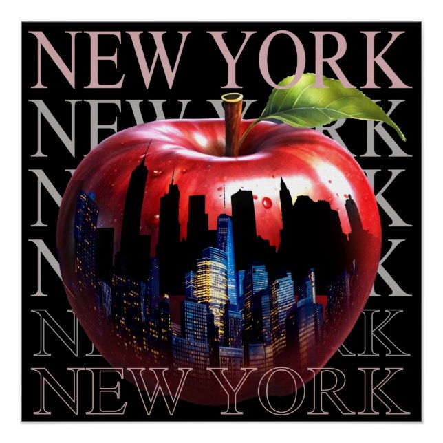 Póster Nova York A Grande Maçã Fruta Silhueta Cidade (Frente)