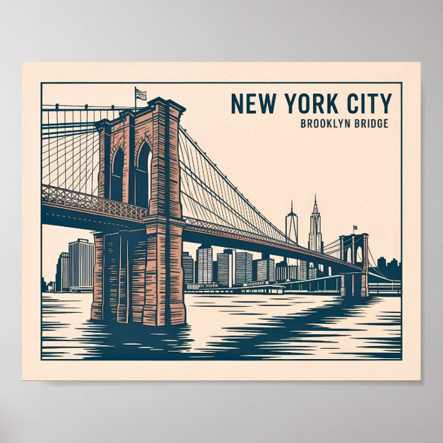 Poster Nova York Brooklyn Bridge Skyline Bold Retro Viage (Frente)