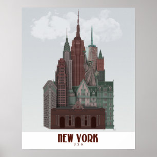 Poster Nova York em Nuvens - Vermelho Escuro e Verde