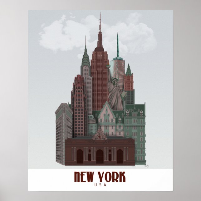 Poster Nova York em Nuvens - Vermelho Escuro e Verde (Frente)