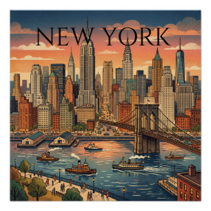 Póster Nova York Skyline Viagem Arte Vintage