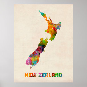 Póster Nova Zelândia, mapa da aguarela