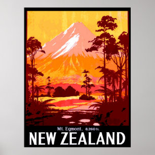 Poster Nova Zelândia, Mt. Egmont, viagens vintage