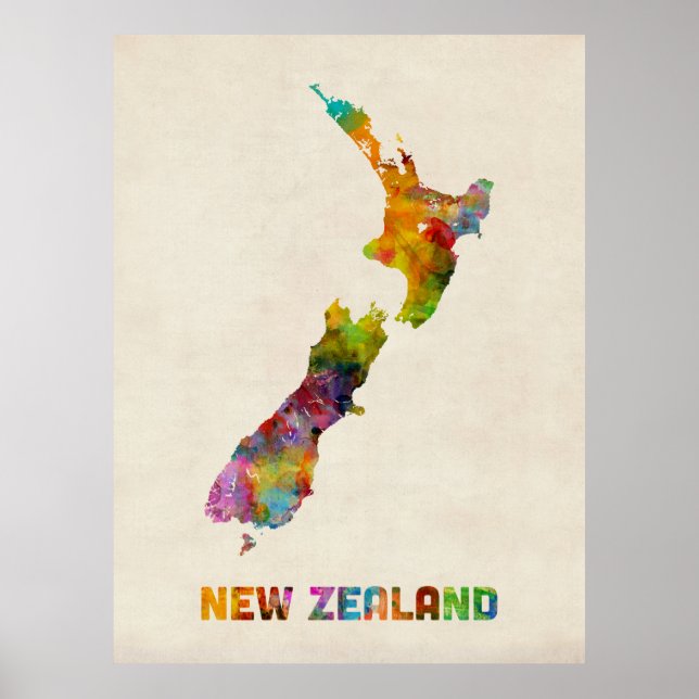 Póster Nova Zelândia, Watercolor Map (Frente)