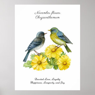 Poster Novembro Nascimento Mês Flor Pássaros Chrysanthemu
