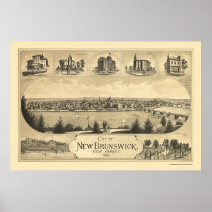 Póster Novo Brunswick, Mapa Panorâmico do NJ - 1880