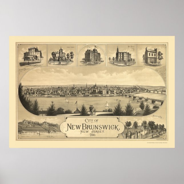 Póster Novo Brunswick, Mapa Panorâmico do NJ - 1880 (Frente)