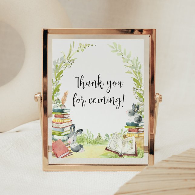 Poster Novo capítulo do Storybook Obrigado por vir (Vintage Storybook Rabbit Baby Shower Thank you for Coming Sign)