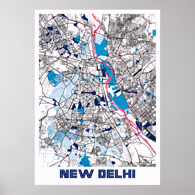 Poster Novo Delhi - Índia Mapa da Cidade do Chá Leite (Frente)