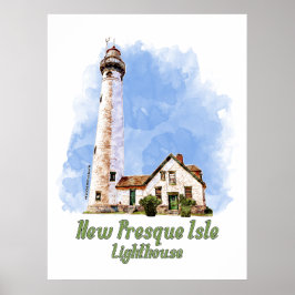 Poster Novo Farol de Presque Isle em Aquarela - Michigan