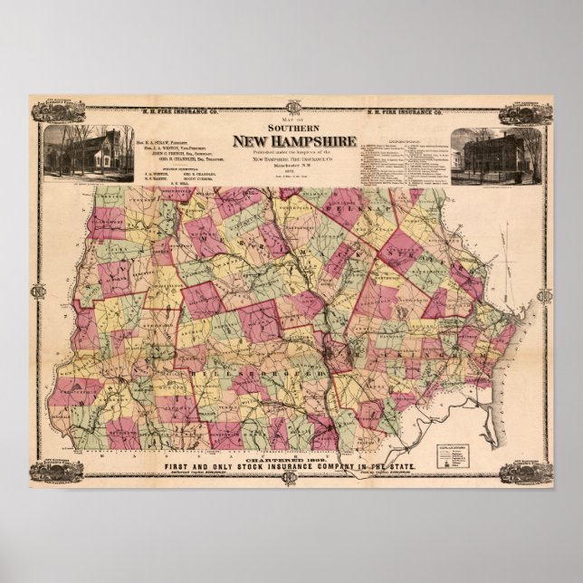 Póster Novo HampshireMapa PanorâmicoNew Hampshire (Frente)