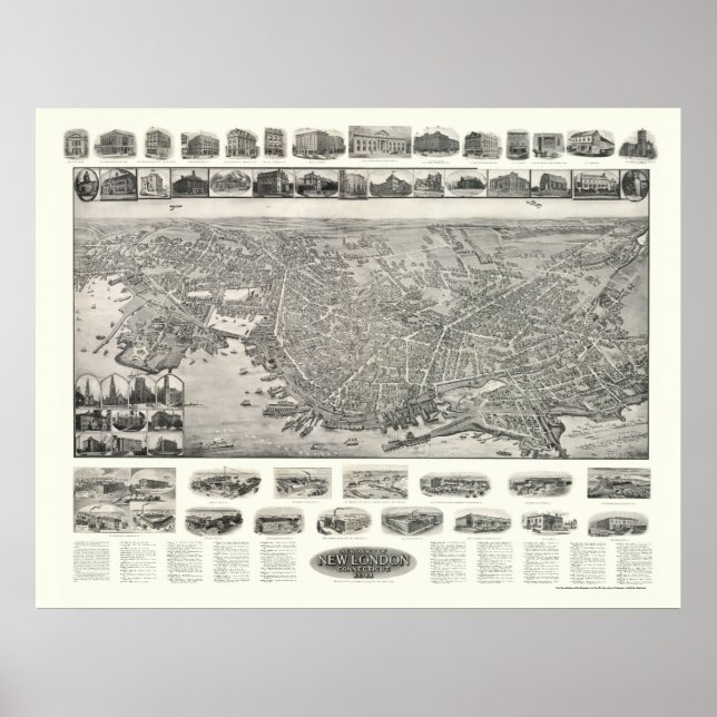 Póster Novo Londres, CT Mapa Panorâmico - 1911 (Frente)